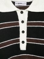 Women Clothing Spring Casual Loose Polo Collar Contrast Color Long Sleeves Striped Sweater