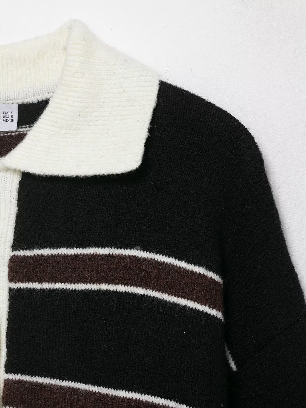 Women Clothing Spring Casual Loose Polo Collar Contrast Color Long Sleeves Striped Sweater