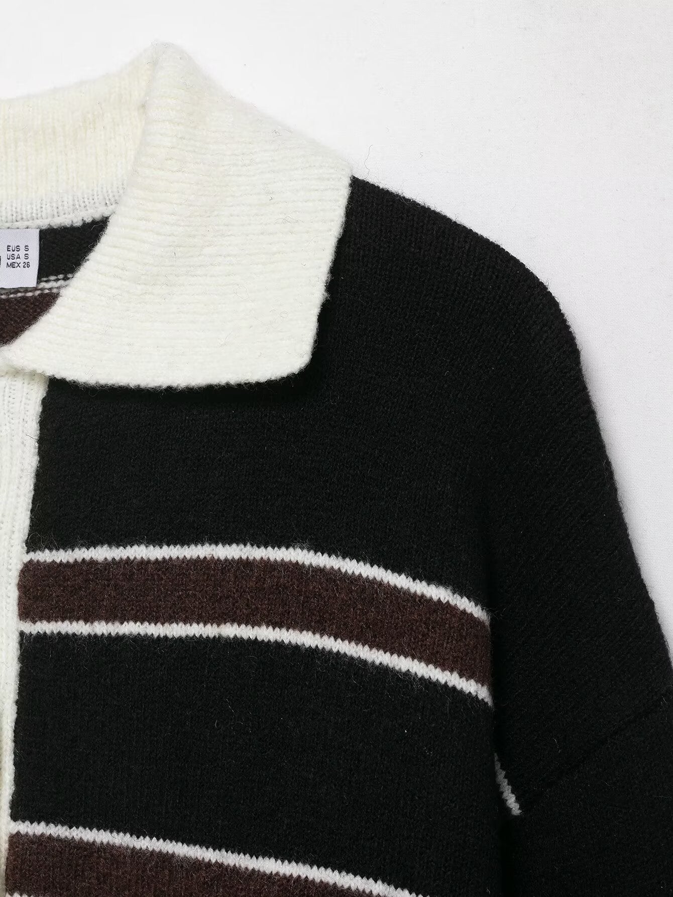 Women Clothing Spring Casual Loose Polo Collar Contrast Color Long Sleeves Striped Sweater