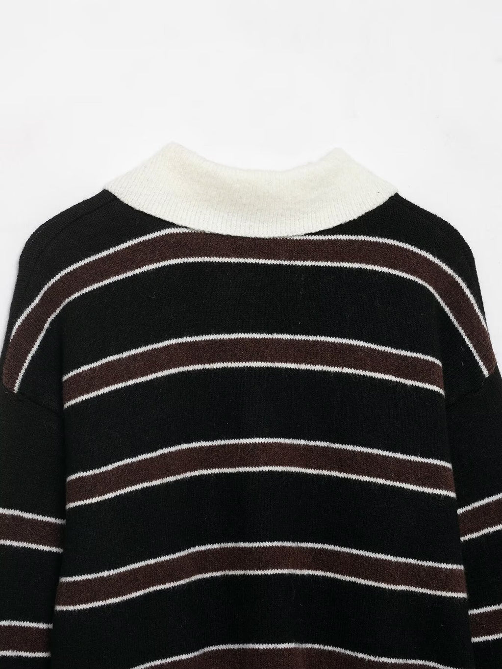 Women Clothing Spring Casual Loose Polo Collar Contrast Color Long Sleeves Striped Sweater
