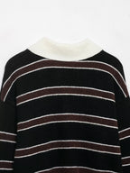 Women Clothing Spring Casual Loose Polo Collar Contrast Color Long Sleeves Striped Sweater