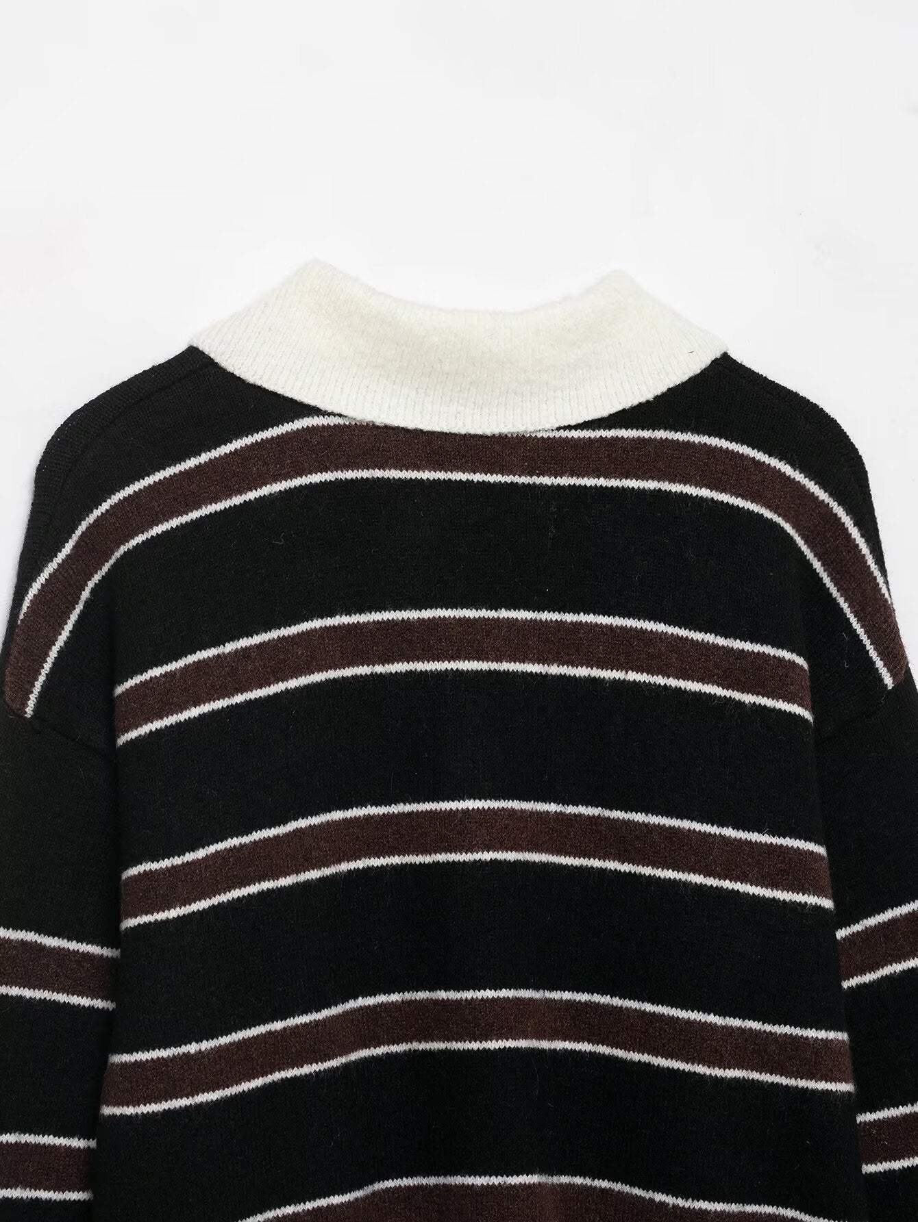 Women Clothing Spring Casual Loose Polo Collar Contrast Color Long Sleeves Striped Sweater
