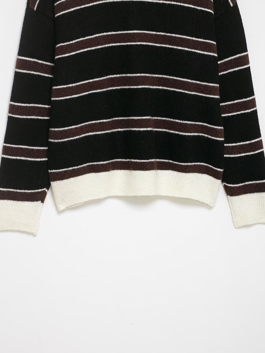 Women Clothing Spring Casual Loose Polo Collar Contrast Color Long Sleeves Striped Sweater