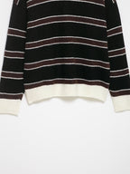 Women Clothing Spring Casual Loose Polo Collar Contrast Color Long Sleeves Striped Sweater
