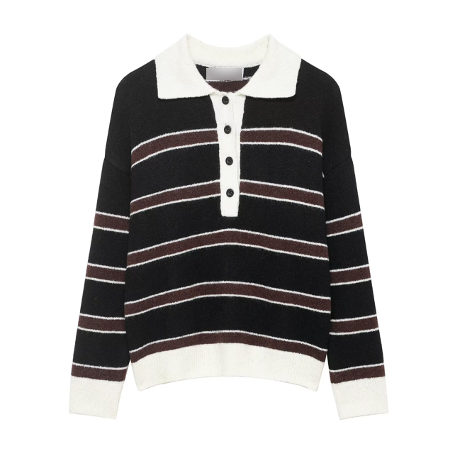 Women Clothing Spring Casual Loose Polo Collar Contrast Color Long Sleeves Striped Sweater