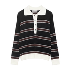 Women Clothing Spring Casual Loose Polo Collar Contrast Color Long Sleeves Striped Sweater