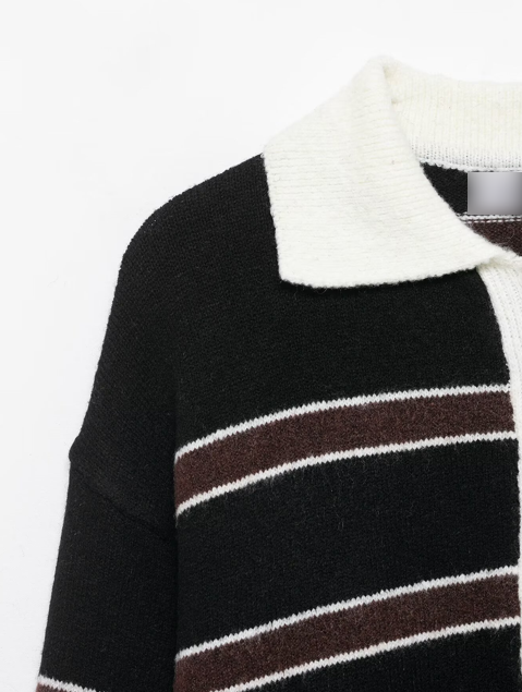 Women Clothing Spring Casual Loose Polo Collar Contrast Color Long Sleeves Striped Sweater
