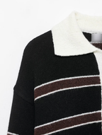 Women Clothing Spring Casual Loose Polo Collar Contrast Color Long Sleeves Striped Sweater