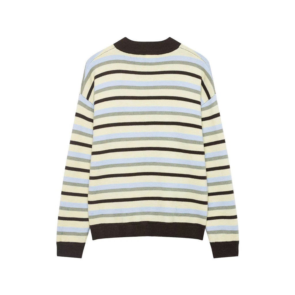 Round Neck Long Sleeve Loose Contrast Color Striped Lazy Knitted Sweater Women