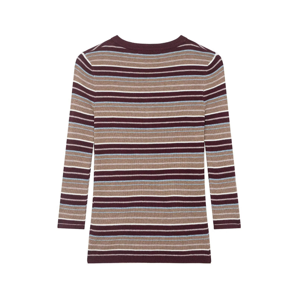 Women Clothing Spring Classic Color Contrast round Neck Striped Sweater