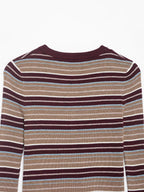 Women Clothing Spring Classic Color Contrast round Neck Striped Sweater