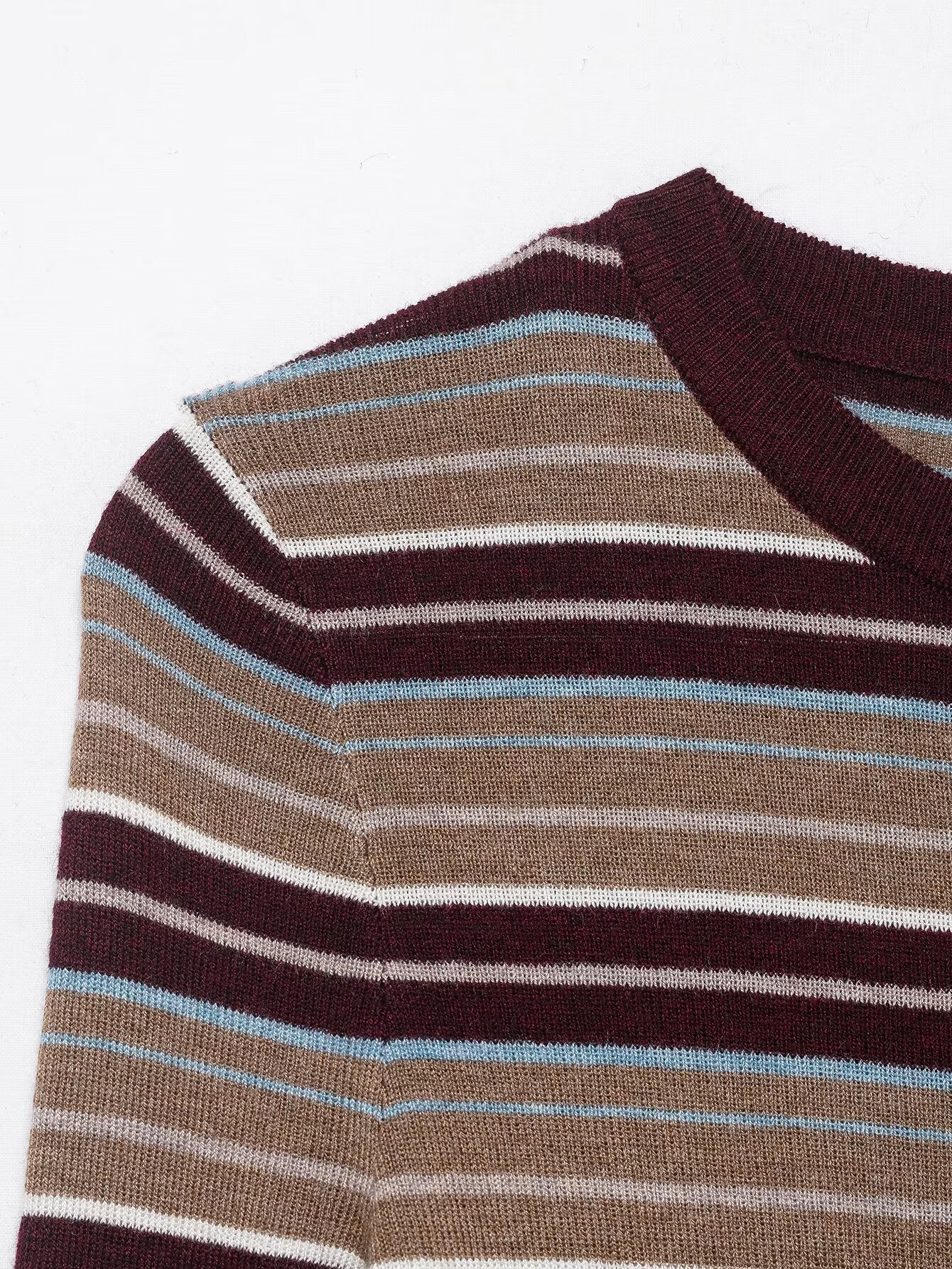 Women Clothing Spring Classic Color Contrast round Neck Striped Sweater