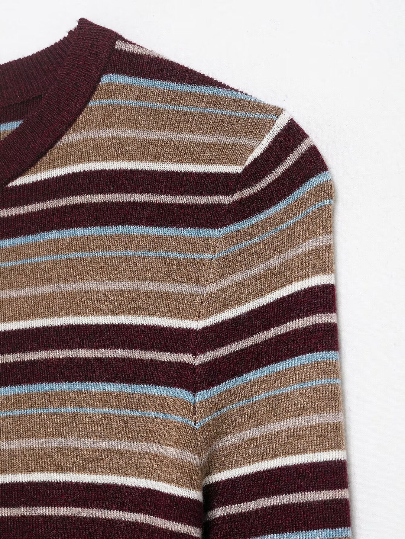 Women Clothing Spring Classic Color Contrast round Neck Striped Sweater