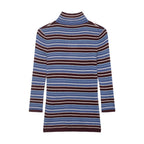 Women Clothing Spring Casual Contrast Color Stand up Collar Long Sleeve Striped Sweater