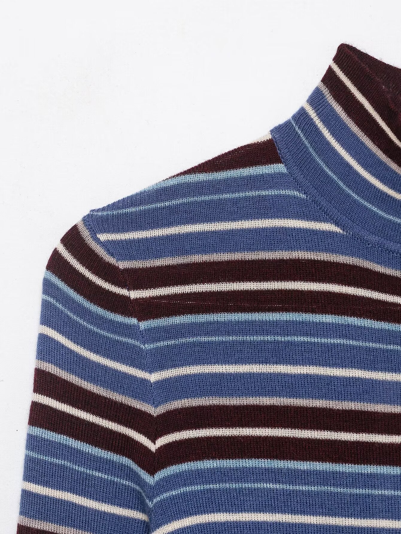 Women Clothing Spring Casual Contrast Color Stand up Collar Long Sleeve Striped Sweater