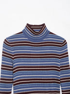 Women Clothing Spring Casual Contrast Color Stand up Collar Long Sleeve Striped Sweater
