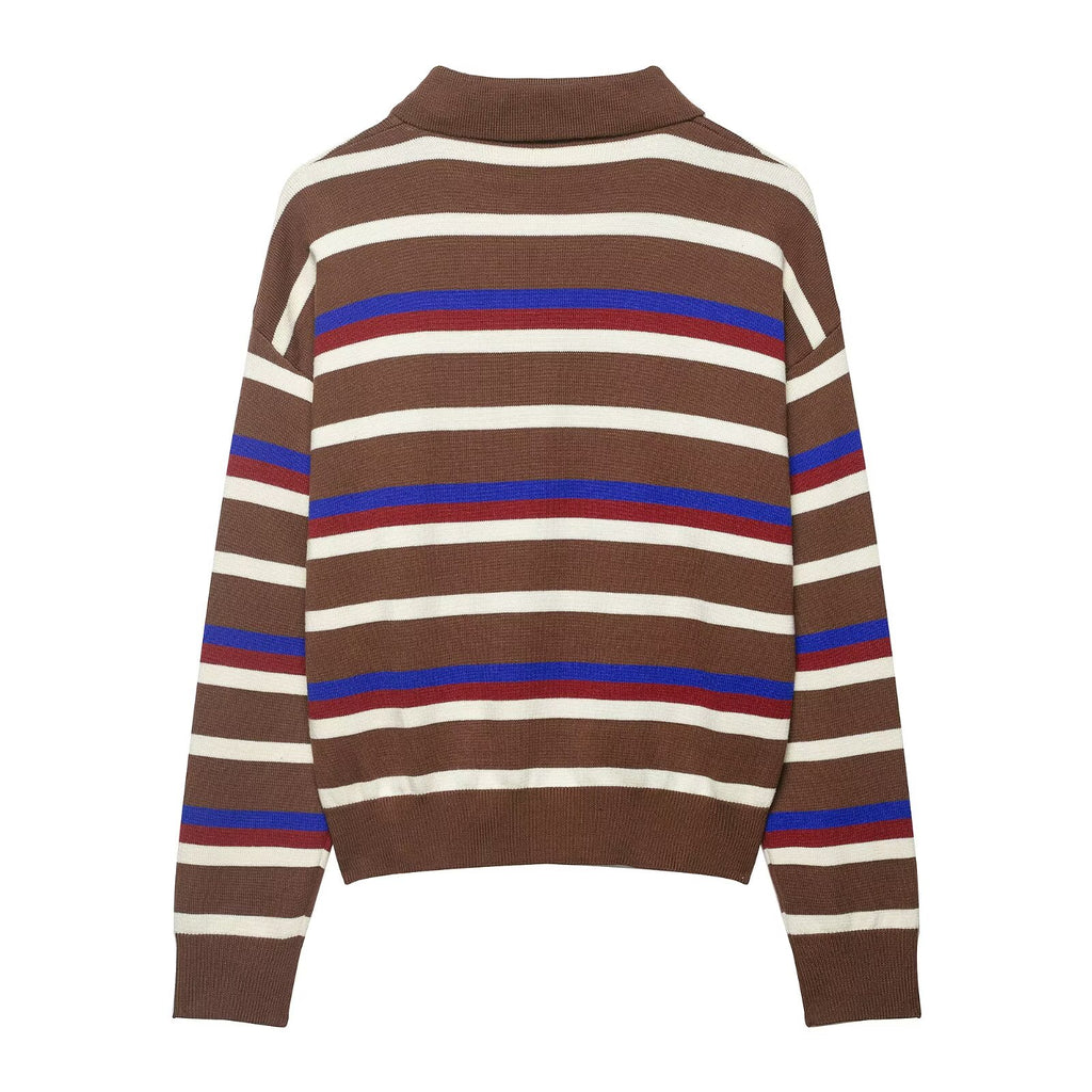 Autumn Winter Polo Collar Striped Long Sleeve Loose All Match Single Breasted Knitted Sweater