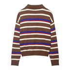 Autumn Winter Polo Collar Striped Long Sleeve Loose All Match Single Breasted Knitted Sweater