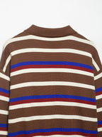 Autumn Winter Polo Collar Striped Long Sleeve Loose All Match Single Breasted Knitted Sweater