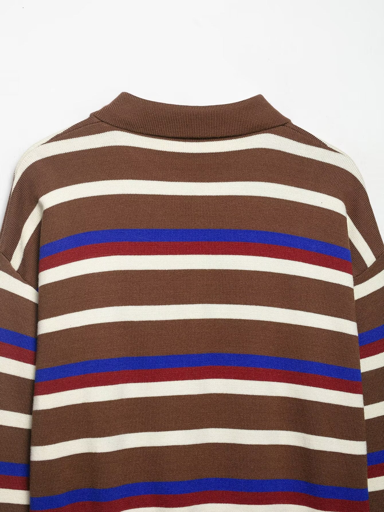 Autumn Winter Polo Collar Striped Long Sleeve Loose All Match Single Breasted Knitted Sweater