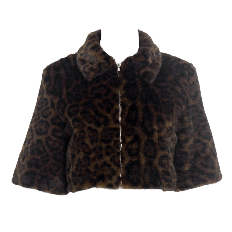 Women Clothing Autumn Winter Graceful Fashionable Collared Leopard Zipper Fur Short Jacket