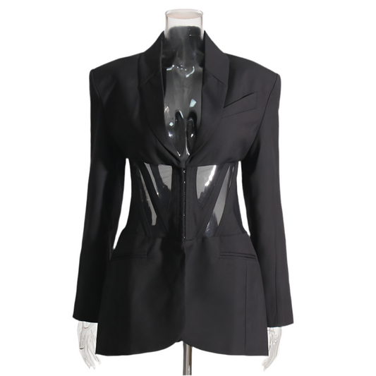 Autumn Boning Corset Waist Mesh Stitching See Through Design Blazer Mid Length Blazers