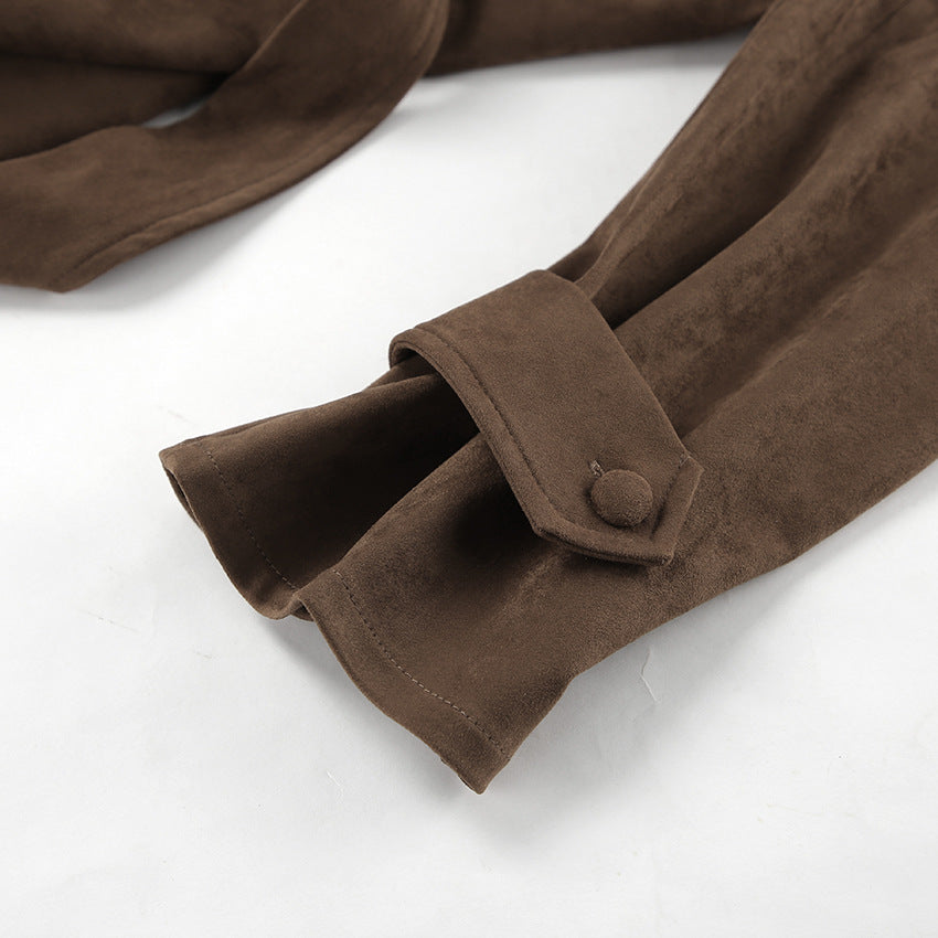 French Suede Collar Casual Double Breasted Coat Fall Winter Brushed Velvet Coat