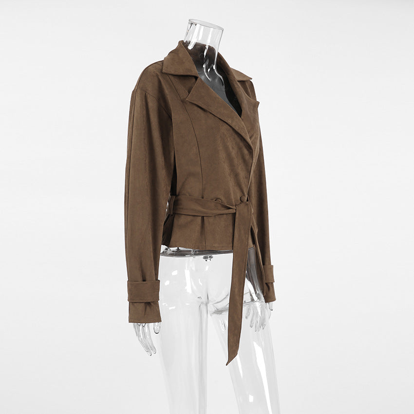 French Suede Collar Casual Double Breasted Coat Fall Winter Brushed Velvet Coat