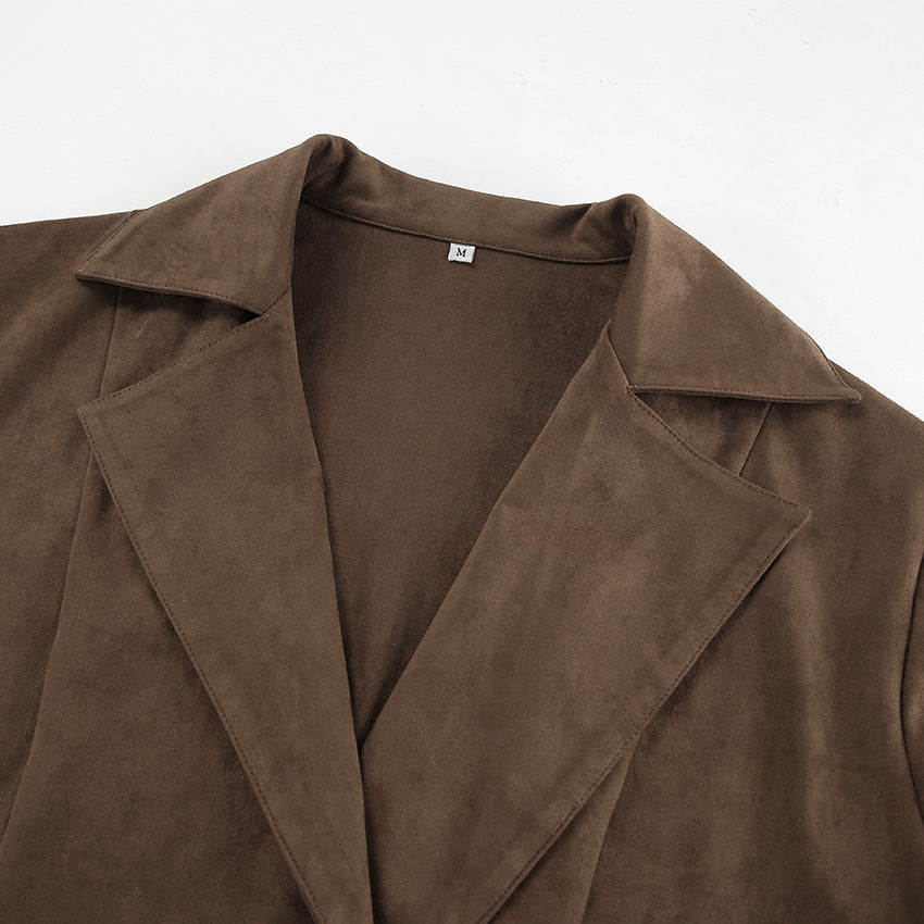 French Suede Collar Casual Double Breasted Coat Fall Winter Brushed Velvet Coat