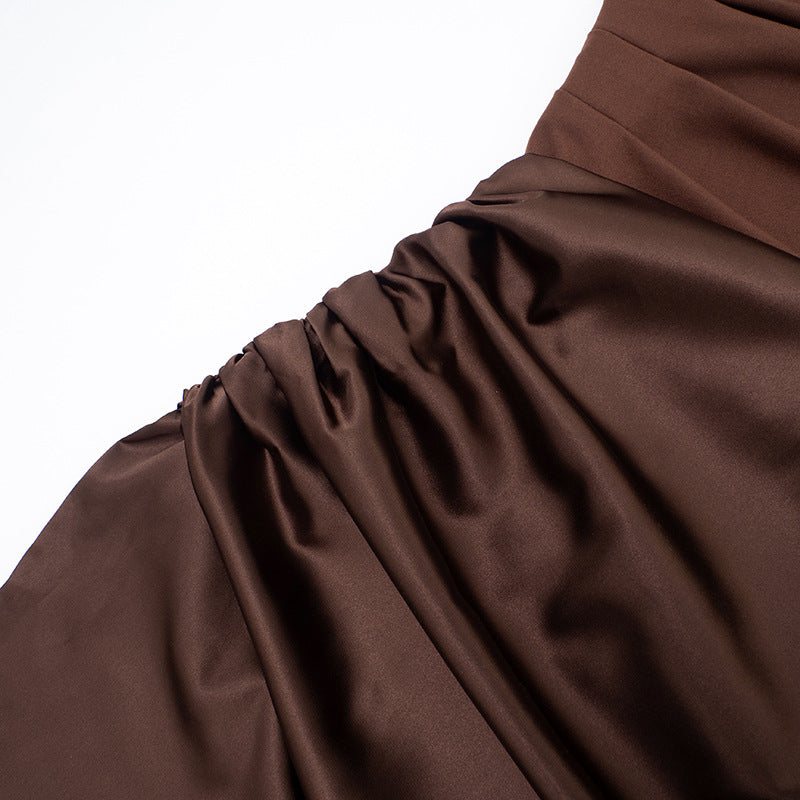 Women Clothing Autumn Winter Expensive Socialite One Shoulder Pleated Stitching Hip Fishtail Dress