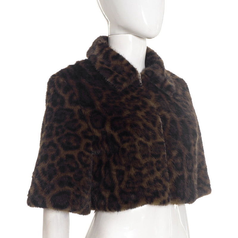 Women Clothing Autumn Winter Graceful Fashionable Collared Leopard Zipper Fur Short Jacket