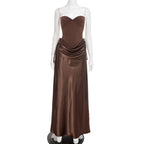 Women Autumn Winter Elegant Lady Tube Top Cinched Waist Lace up Sheath Dress Women