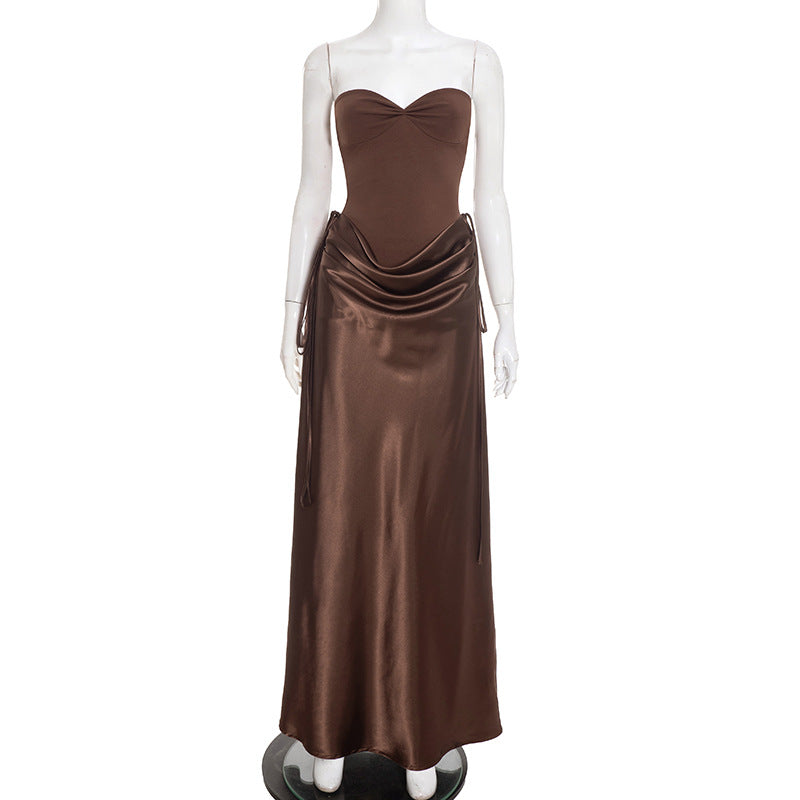 Women Autumn Winter Elegant Lady Tube Top Cinched Waist Lace up Sheath Dress Women