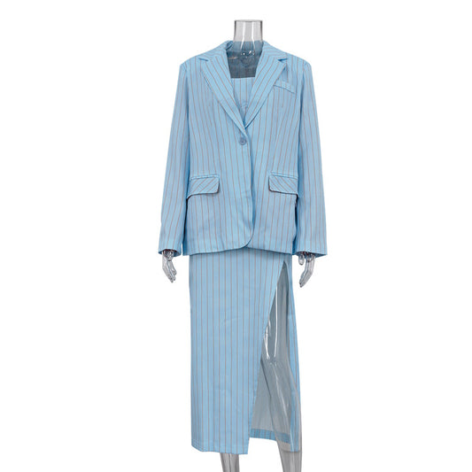 Elegant Striped Blazers Women Collared Long Sleeve Loose Blazer Split High Waist Sling Dress Two Piece Sets