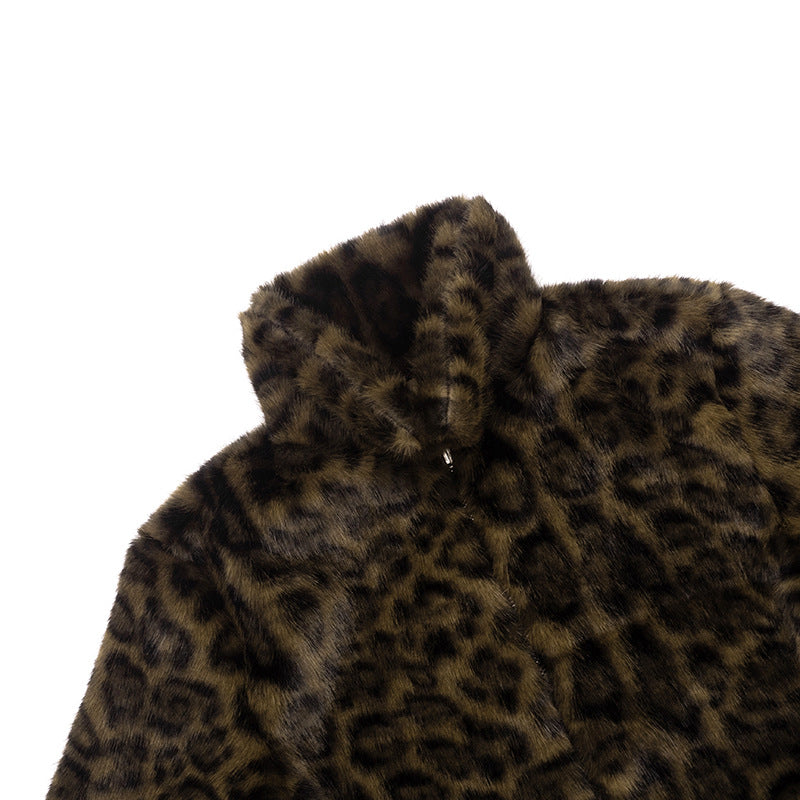 Women Clothing Autumn Winter Graceful Fashionable Collared Leopard Zipper Fur Short Jacket