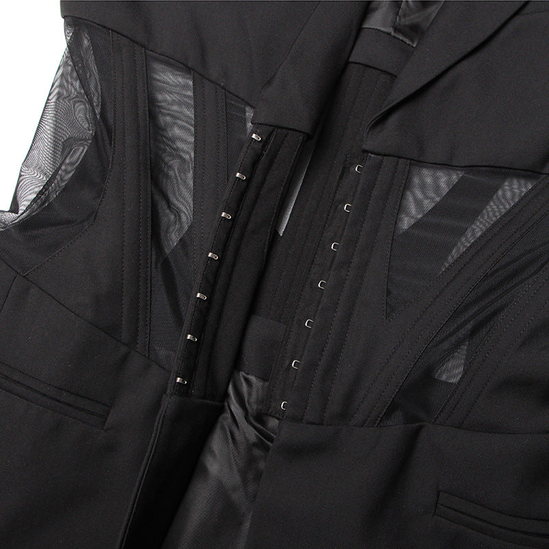 Autumn Boning Corset Waist Mesh Stitching See Through Design Blazer Mid Length Blazers