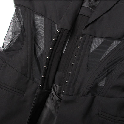 Autumn Boning Corset Waist Mesh Stitching See Through Design Blazer Mid Length Blazers