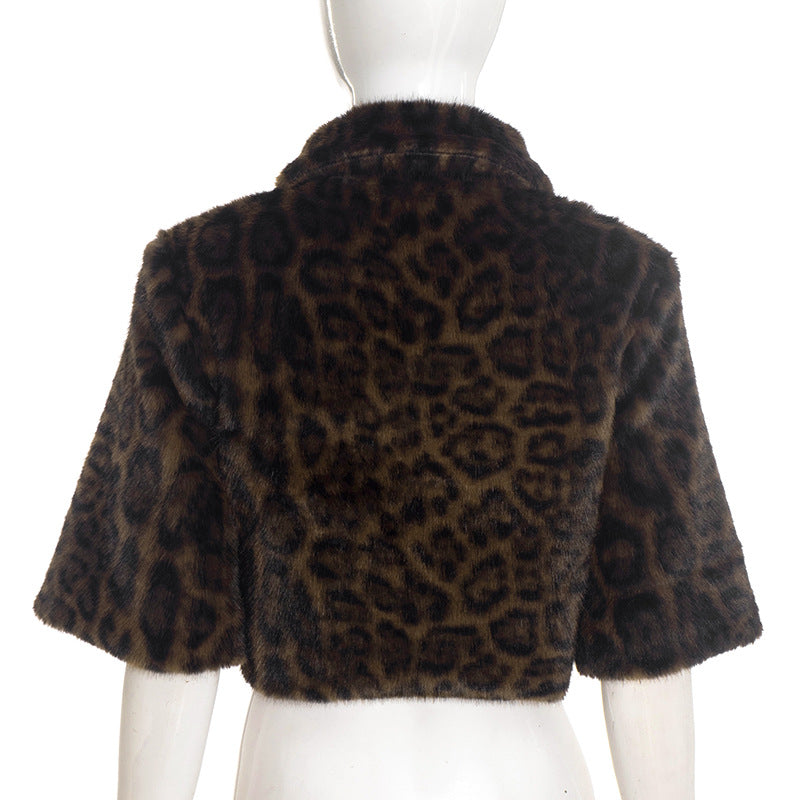 Women Clothing Autumn Winter Graceful Fashionable Collared Leopard Zipper Fur Short Jacket