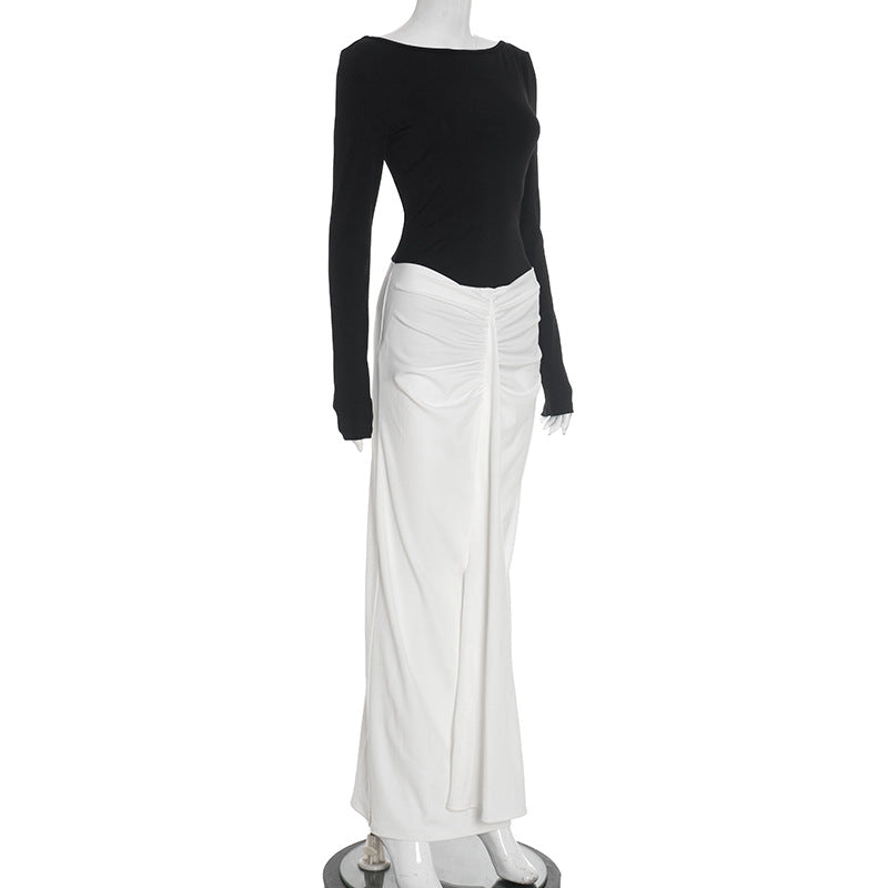 Women Clothing Autumn Winter Elegant Slim Fit Black White Contrast Color Pleated Boat Neck Backless Sheath Dress