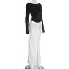 Women Clothing Autumn Winter Elegant Slim Fit Black White Contrast Color Pleated Boat Neck Backless Sheath Dress