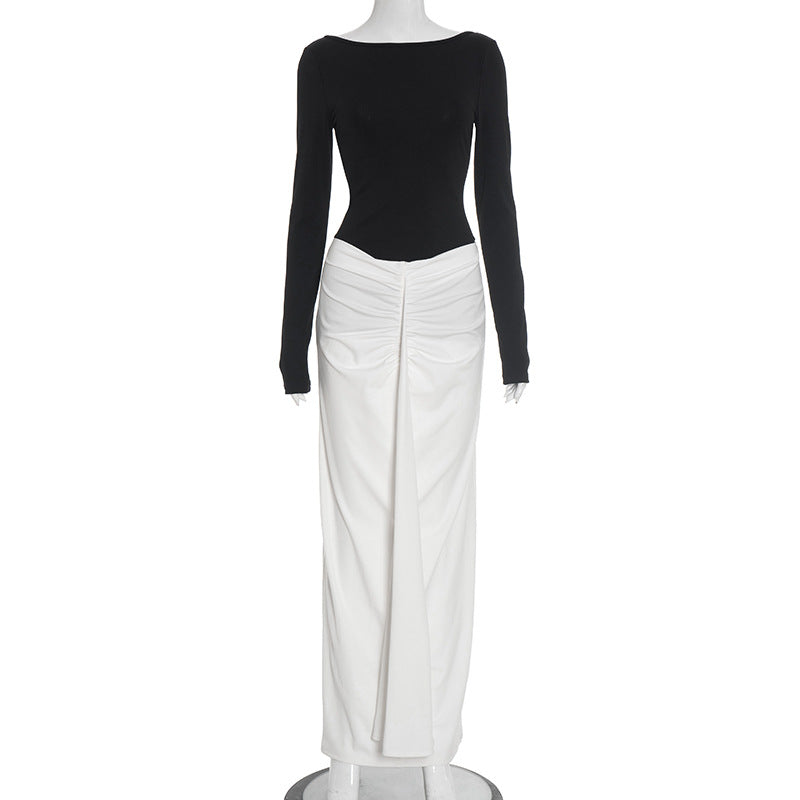 Women Clothing Autumn Winter Elegant Slim Fit Black White Contrast Color Pleated Boat Neck Backless Sheath Dress