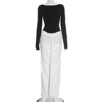 Women Clothing Autumn Winter Elegant Slim Fit Black White Contrast Color Pleated Boat Neck Backless Sheath Dress