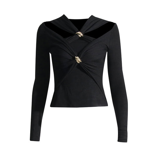 Korean Autumn Niche Design Hollow Out Cutout out Metallic Decorative Button Slim Fit Slimming Top T shirt for Women