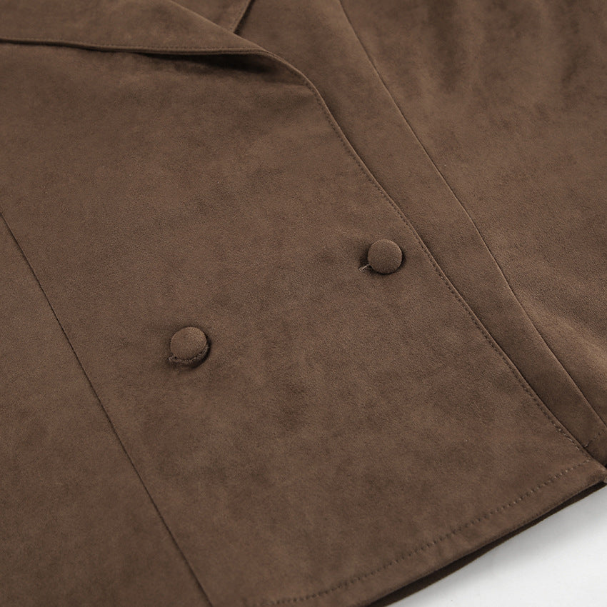 French Suede Collar Casual Double Breasted Coat Fall Winter Brushed Velvet Coat
