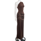 Women Clothing Autumn Winter Expensive Socialite One Shoulder Pleated Stitching Hip Fishtail Dress