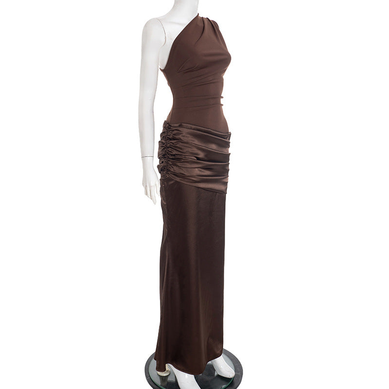Women Clothing Autumn Winter Expensive Socialite One Shoulder Pleated Stitching Hip Fishtail Dress