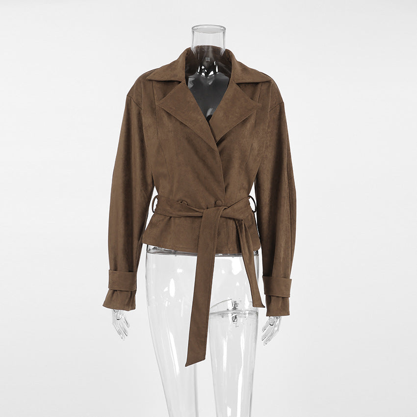 French Suede Collar Casual Double Breasted Coat Fall Winter Brushed Velvet Coat