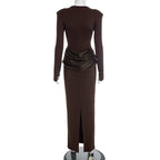 Women Clothing Autumn Winter Elegant Lady Slim Fit Long Sleeve Pleated Sheath Maxi Dress