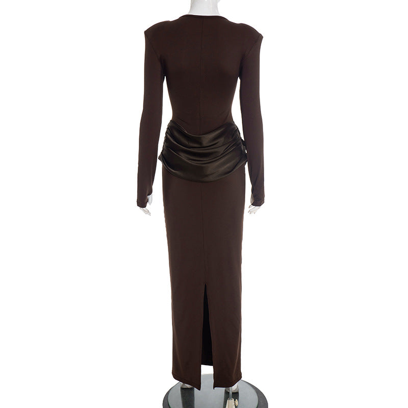 Women Clothing Autumn Winter Elegant Lady Slim Fit Long Sleeve Pleated Sheath Maxi Dress