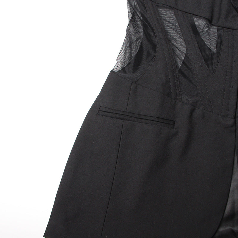 Autumn Boning Corset Waist Mesh Stitching See Through Design Blazer Mid Length Blazers